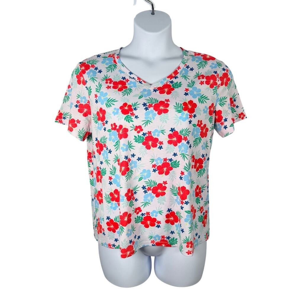 Fresh Produce Top Womens XL White Colorful Floral Tropical‎ V-neck Cotton Blend